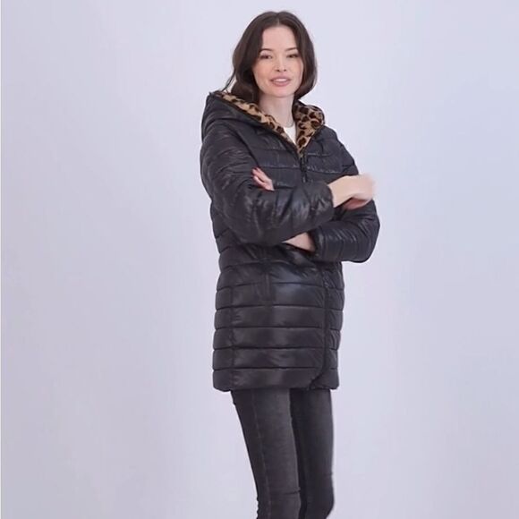 Jessica Simpson Women's Leopard Fur Reversible Puffer - Picture 6 of 12